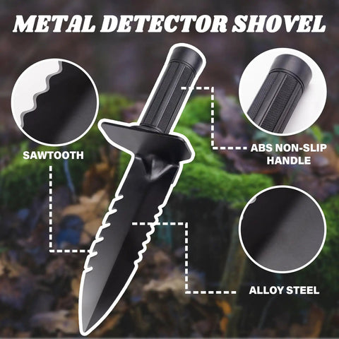 Close-up of metal detector shovel with sawtooth edge, ABS non-slip handle, alloy steel blade featured in Heavy Duty Stainless Steel Sand Scoop For Metal Detecting With Long Handle Kit Includes Pinpointer Shovel And Gloves Beach Treasure Hunting Gear For Relics And Coins.