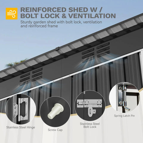 9x4 Outdoor Storage Shed With Windows And Lockable Double Doors Tough As Nails Steel Construction showing ventilation and locks