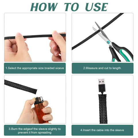 Guide for using 300 ft braided wire loom kit in quarter inch, half inch, and three eighths inch diameters PET cable sleeving