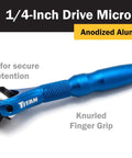 Quarter Inch Drive Swivel Head Micro Ratchet With Ninety Tooth Reversible Mechanism Four Inch Handle Chrome Vanadium Head Anodized Aluminum Handle Built For Tight Spots Blue, showing blue anodized aluminum handle with knurled grip.