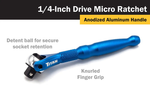 Quarter Inch Drive Swivel Head Micro Ratchet With Ninety Tooth Reversible Mechanism Four Inch Handle Chrome Vanadium Head Anodized Aluminum Handle Built For Tight Spots Blue, showing blue anodized aluminum handle with knurled grip.