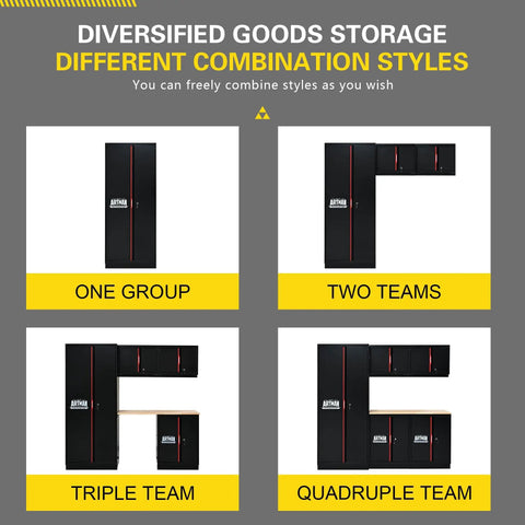 Preassembled Garage Storage Cabinet Set With LED Lights 6 Piece Workshop Organizer in black and red with various setup options.