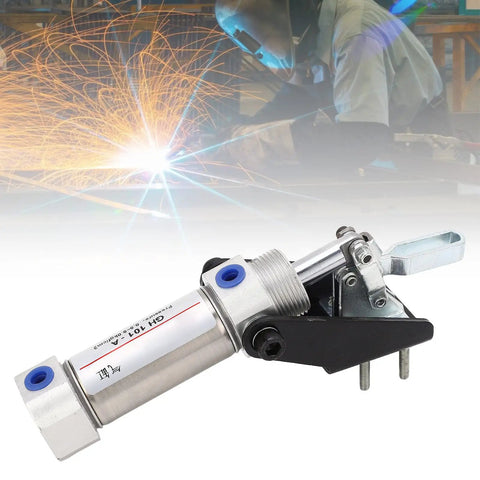 Heavy Duty Pneumatic Clamp With 50Kg Clamping Force QuickFix Air Hold Down Clamp in use during welding, durable silver finish