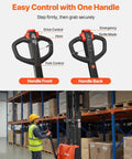 VEVOR Full Electric Pallet Stacker Forklift Hauling 3,300 Lbs With A Mighty 98.4 Inch Lift Height For Warehouses, showing handle controls for easy operation.