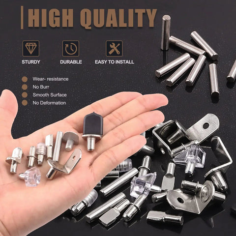 237 Piece Shelf Pins Kit With Nickel Plated Metal Pins Black Rubber Sleeves And 9 Styles Of Bracket Pegs For Cabinets And Bookshelves Fits Shelf Holes Hardware Set For Furniture Repair And Grab And Go DIY Upgrades assorted pieces displayed in hand and on table