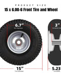 Front Tire And Wheel Assembly 15x6.00-6 For Riding Mower And Lawn Tractor, 4 Ply Pneumatic With Turf Tread, 2 Pack specifications