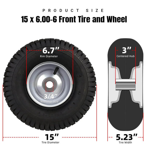 Front Tire And Wheel Assembly 15x6.00-6 For Riding Mower And Lawn Tractor, 4 Ply Pneumatic With Turf Tread, 2 Pack specifications
