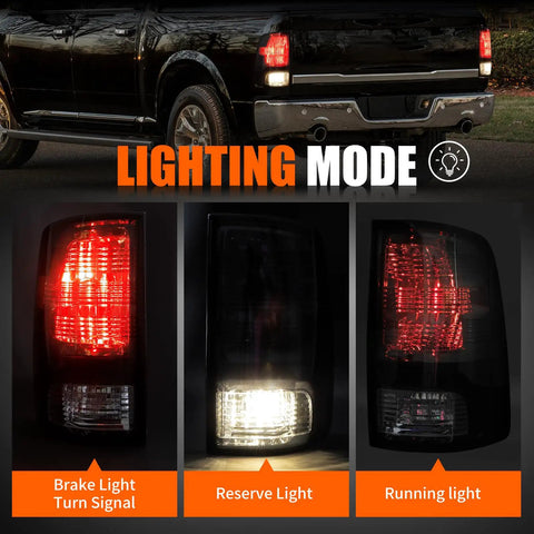 Lighting modes for Smoked Tail Lights With Two Halogen Bulbs For Dodge Ram 2009 2018 1500 2500 3500 And 2019 2024 Ram 1500 Classic