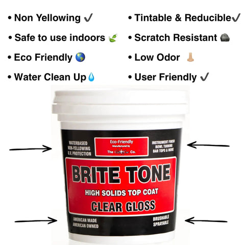 Front view of Pro Grade Brite Tone Polyurethane Instrument Finish High Solids Non Yellowing Clear Coat 16 oz bottle with features list.