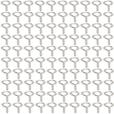 One Inch Screw Eye And Eye Hook Set Nickel Plated For Lightweight DIY Projects, 100 Pcs Small Eye Screws Displayed in Grid