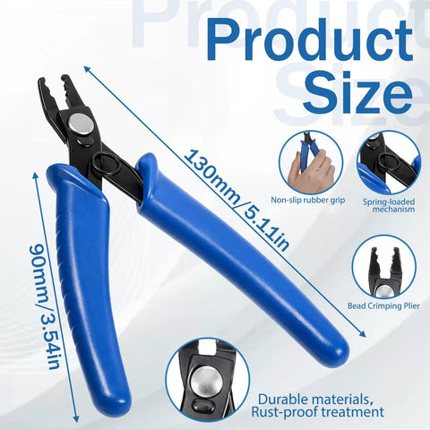 Easy grip crimping pliers for jewelry making and bead crimp tool, 130mm size, blue handle, close-up of features