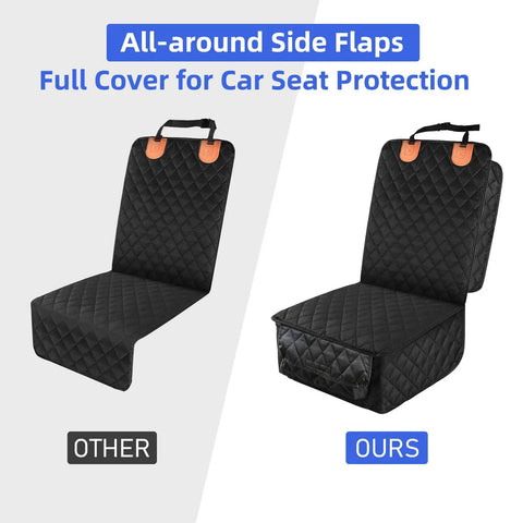 Comparison of side flap coverage with Two Pack Front Seat Cover For Cars, Trucks, SUVs And Jeeps, Full Protection Dog Car Seat Cover.