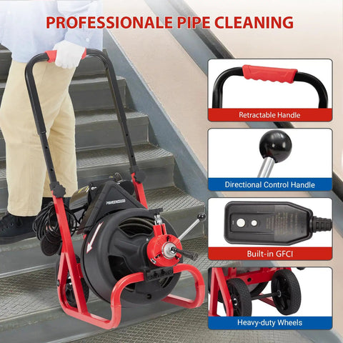 Smooth Operator 75 Foot Electric Drain Cleaner Machine Featuring Auto Feed Sewer Snake Auger with retractable handle and heavy-duty wheels.