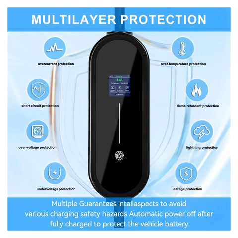 Road Ready Portable EV Charger With 3.5Kw 16A Type 1 J1772 Plug And Play Evse showing safety features and protection icons.