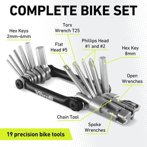 Ride Ready 19 Tools Bike Multitool with carry case, showing hex keys, torx wrench, open wrenches, and chain tool.