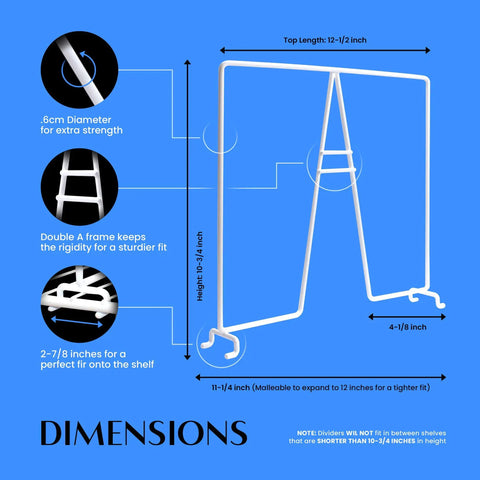 Diagram showing dimensions of 8 Pack White Wire Shelf Dividers For Closets On 12 Inch Shelves No Fuss Easy Install Closet Organizer.