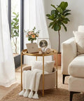 Round End Table With Removable Fabric Storage Basket And Tray Top, Gold Metal Nightstand For Living Room Or Bedroom