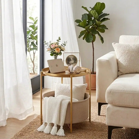 Round End Table With Removable Fabric Storage Basket And Tray Top, Gold Metal Nightstand For Living Room Or Bedroom