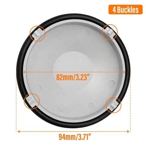Top view of Toyota Highlander Front Headlight Dust Cover Replacement Gray Bulb Extension Cap with dimensions and buckles visible.