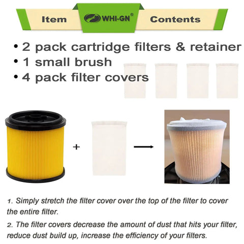 Two Pack Standard Cartridge Filter Replacement For VCFS Fits 5 To 16 Gallon Wet Dry Vacuums And VBV1210 Includes accessories.