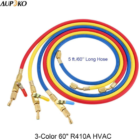 Set of three-color 60-inch refrigerant charging hoses with brass ball valves and 1/4 SAE fittings