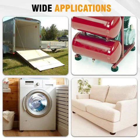 Wide applications of Two Point Five Inch Round Rubber Bumpers for trailers, compressor, washing machine, and couch in living room.