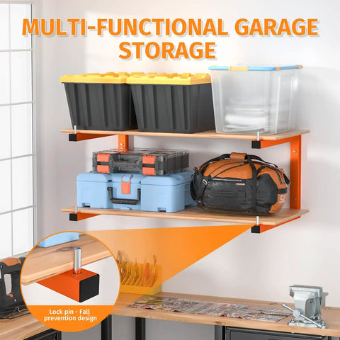 Heavy Duty 6 Tier Wall Mount Lumber Storage Rack showing storage bins and tools, designed for garage organization.
