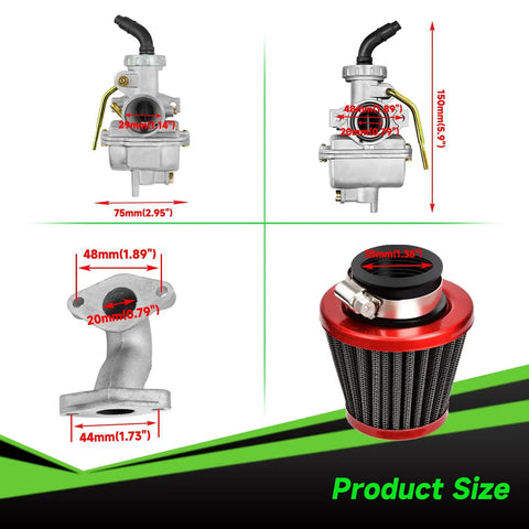 Dimensions of PZ20 Carburetor Kit With Ignition Coil Starter Relay Voltage Regulator And CDI Box For 50cc To 125cc Chinese ATVs