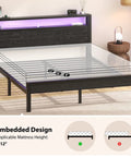 Queen Size Bed Frame With Built In Storage Headboard And Glow Up LED Lighting Featuring Dope Integrated Charging Hub With UL Certified Outlets Usb Type C Ports For Your Fresh Night Owl Bedroom Setup Black showing dimensions and embedded design.
