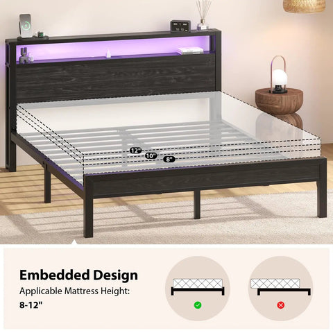 Queen Size Bed Frame With Built In Storage Headboard And Glow Up LED Lighting Featuring Dope Integrated Charging Hub With UL Certified Outlets Usb Type C Ports For Your Fresh Night Owl Bedroom Setup Black showing dimensions and embedded design.