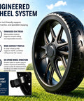 Lightweight Three Wheel Golf Push Cart With Quick Fold Frame Wide Eva Wheels showing engineered wheel system with EVA tread and six-spoke design.
