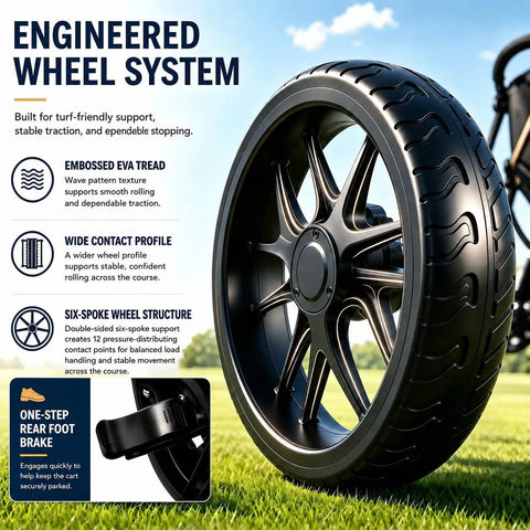 Lightweight Three Wheel Golf Push Cart With Quick Fold Frame Wide Eva Wheels showing engineered wheel system with EVA tread and six-spoke design.