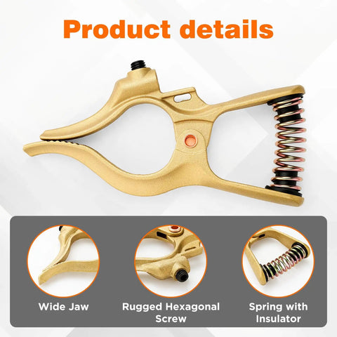300 Amp Brass T Style Welding Ground Clamp And 300 Amp Brass Electrode Holder Combo showing detailed brass construction and spring