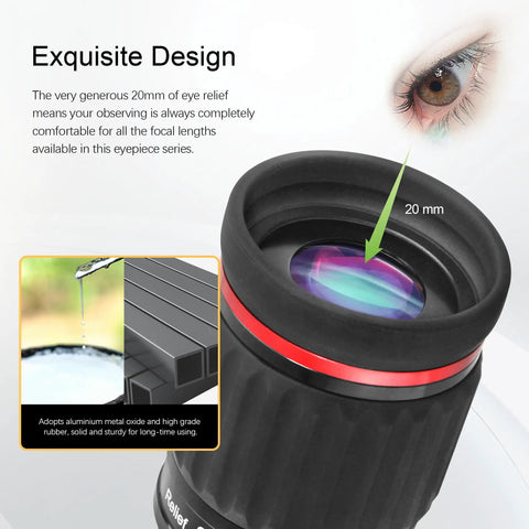 Close-up of 2 Inch Swa 70 Degree 32mm Eyepiece With M43x0.75 Male Thread, emphasizing 20mm eye relief and multi-coated optics.