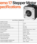 Three Pack Nema 17 Stepper Motors For DIY CNC And 3D Printer Projects Beefy Torque with specifications chart.