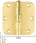 18 Pack 3 Point 5 Inch Brass Door Hinges With Five Eighth Radius Polished Gold Finish Includes 108 Screws For Quick No-Fuss Install Interior Door Hardware For Bedroom Bathroom Office Hallway 270 Degree Swing Smooth Plain Bearing, close-up view showing dimensions and screw sizes