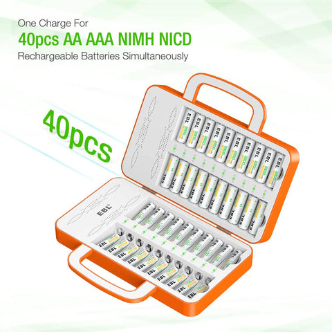 40 Slot Battery Charger For AA And AAA Rechargeable Batteries NiMH NiCd Charges 40 Batteries At Once With Handy Handle Design