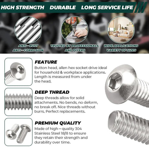 Top Shelf Heavy Duty 3/8-16 X 3 Inch Button Head Socket Cap Screws 304 Stainless Steel with deep threads and allen wrench.