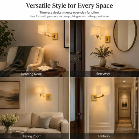Modern Rectangular Fabric Wall Sconce,Swing Arm Wall Lamp,3 Color Lighting in reading nook and entryway settings.