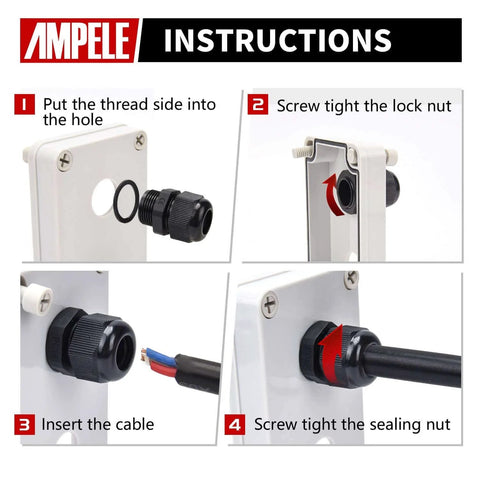 Installation instructions for 20 Pack PG7 Waterproof Nylon Cable Glands Set Adjustable 3.5-6mm with Gaskets, IP68 Rated.