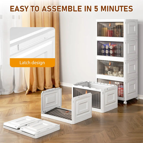 Four Tier Storage Bins With Lids On Wheels, 23QT Each, fully assembled stack in corner showing open collapsed bins.