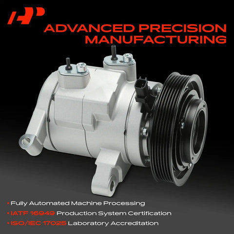 Heavy Duty AC Compressor With Clutch And 6 Groove Pulley Pre Filled Pag 46 Oil Built rugged silver design with black pulley.