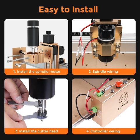 Installation guide for 500W Air Cooled Spindle Motor Kit ER11 12000 RPM, showing steps for assembly and wiring on router projects.