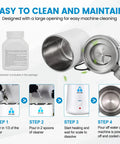 No Fuss Everyday Home Water Distiller 1 Gallon Maker 750W Power 4L Capacity Delivers Pure Distilled Water for Drinking on Kitchen Countertop CPAP Humidifier Compatible Easy Pour Plastic Reservoir cleaning instructions with open lid and cleaning steps