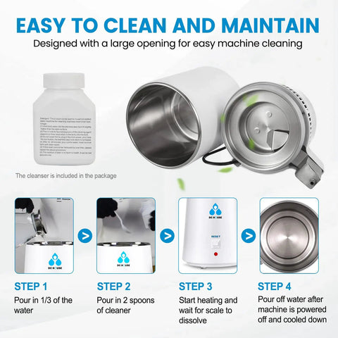 No Fuss Everyday Home Water Distiller 1 Gallon Maker 750W Power 4L Capacity Delivers Pure Distilled Water for Drinking on Kitchen Countertop CPAP Humidifier Compatible Easy Pour Plastic Reservoir cleaning instructions with open lid and cleaning steps