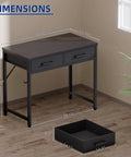 32 Inch Compact Computer Desk With Two Drawers For Small Spaces Black Ideal For Bedroom Study Home Office Writing Table Space Saver And Organization Perfect For Tiny Rooms And Study Nooks, showing dimensions and a drawer on the floor.