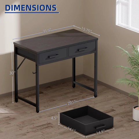 32 Inch Compact Computer Desk With Two Drawers For Small Spaces Black Ideal For Bedroom Study Home Office Writing Table Space Saver And Organization Perfect For Tiny Rooms And Study Nooks, showing dimensions and a drawer on the floor.