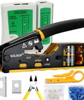 All In One Pass Through RJ45 Crimp Tool Kit for Ethernet Cabling Cat5 Cat5e Cat6 With 50 RJ45 Connectors Pliers Cable Tester Mini Cable Stripper and Replacement Blades