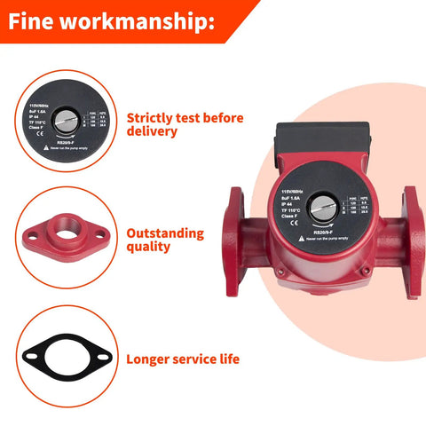 Heavy Duty Water Circulator Pump 115V 1/6HP 3 Speed Quiet Design for Hydronic and Radiant Floor Heating, showcasing label and quality details.