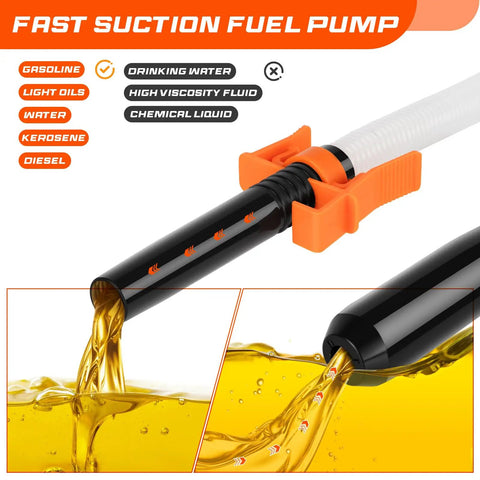 Close-up of Battery Powered Portable Fuel Transfer Pump With 47 Inch Hose discharging yellow liquid, showcasing fast suction.